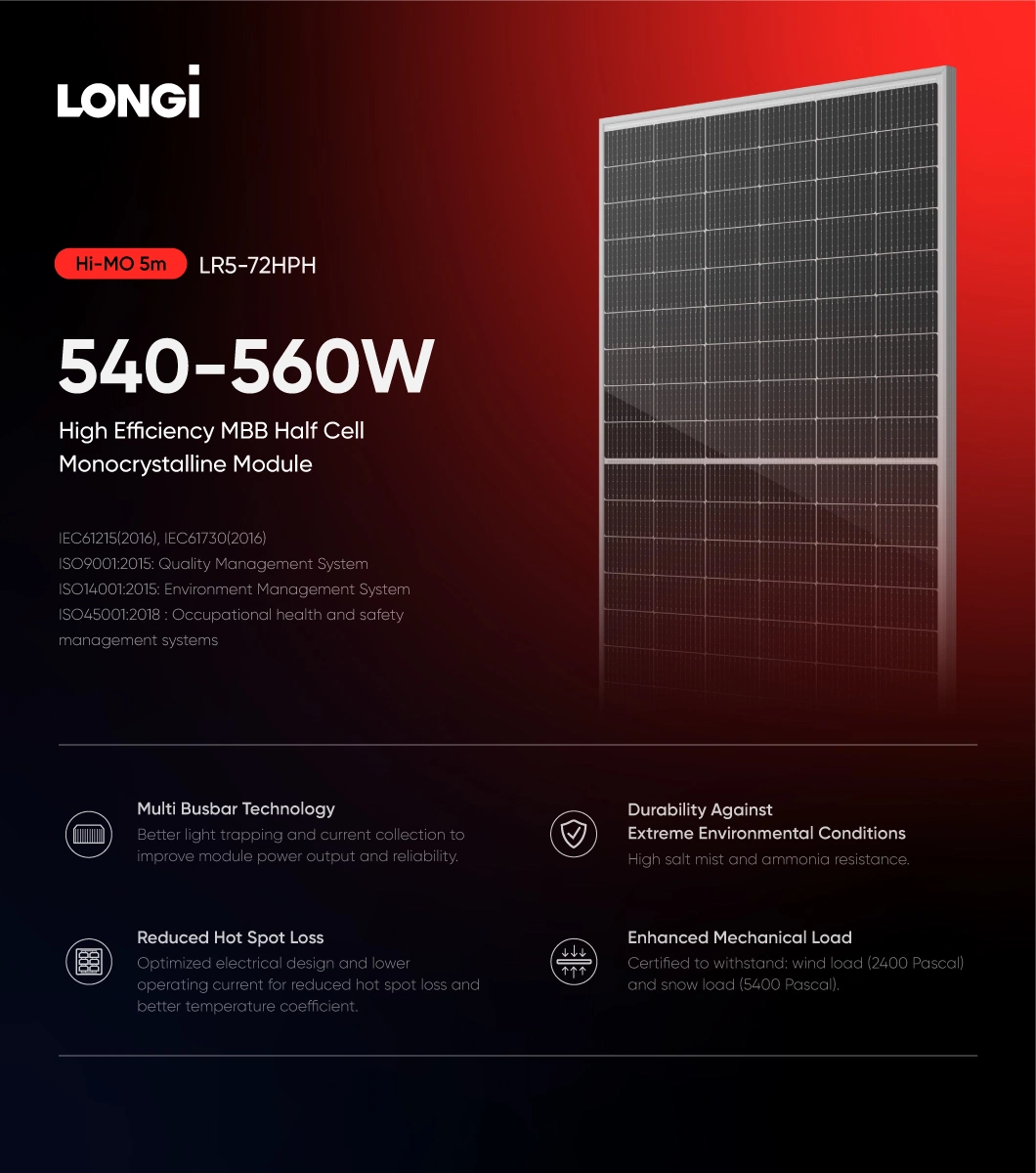 Longi Hi-Mo Hjt PV Panel 550 Watts Solar Panels in Europe Warehouse