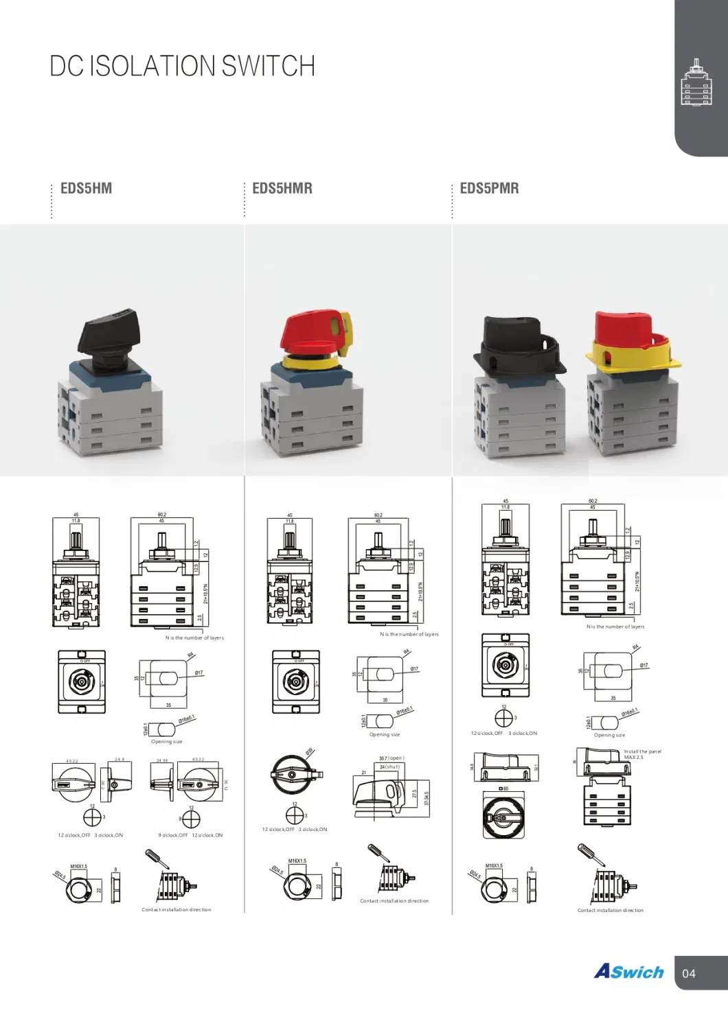 Aswich Solar PV System DIN-Rail, Panel Mounting, Single Hole Mounting, Door Interlock 1000/1500 50A Volt DC Isolator Switch Main Switch