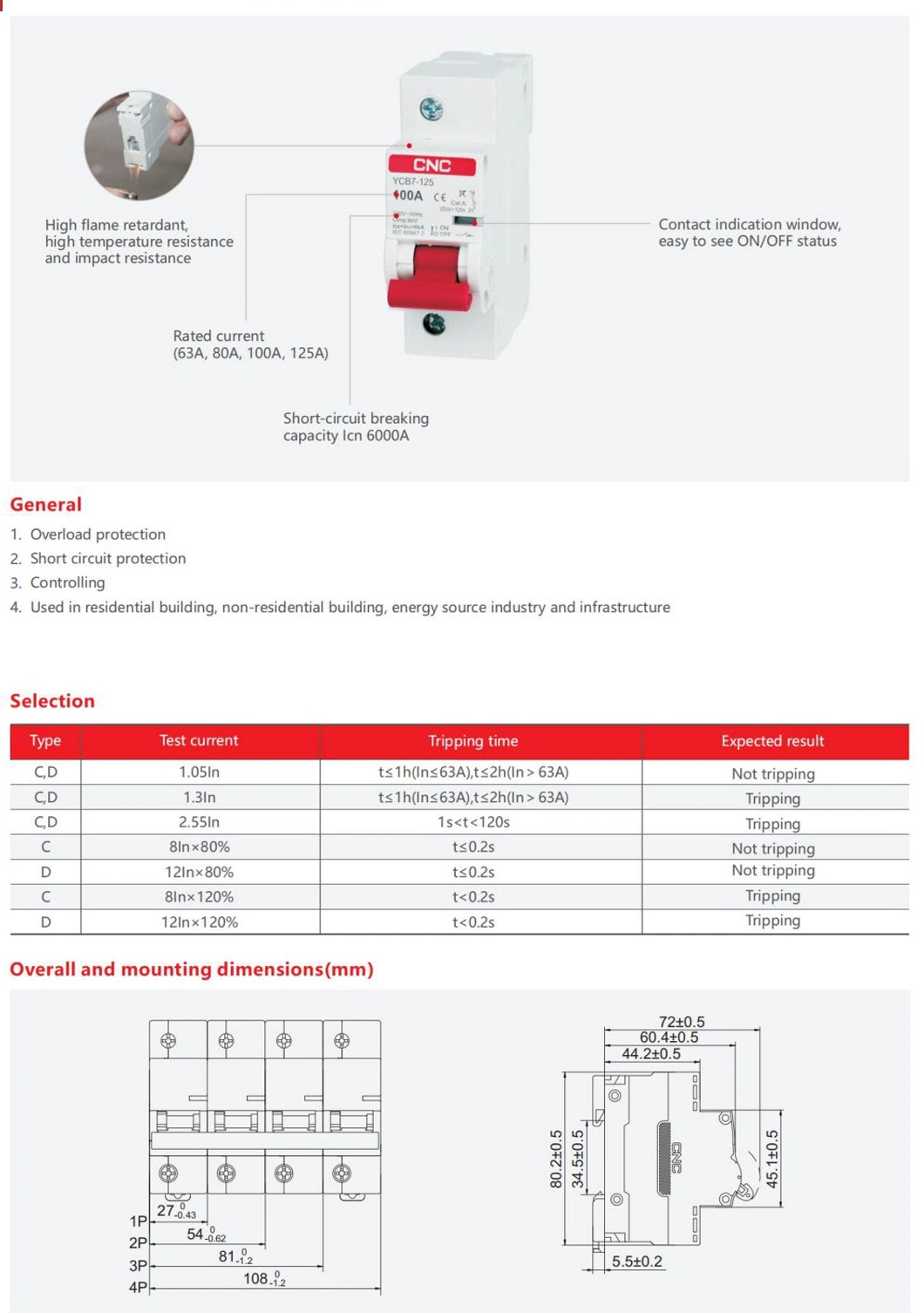 Ycb7-125 6ka 1p 2p 3p 4p AC 230/400V 63A 80A 100A 125A MCB Electrical Mini Circuit Breaker