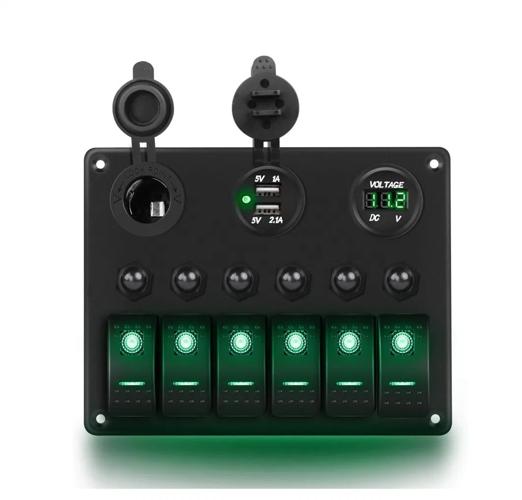 6 Gang on off Rocker Switch Panel Green Backlit 12V24V LED Digital Voltmeter Dual USB Charger Cigarette Lighter Socket Overload Protection Switch Panel for Cars