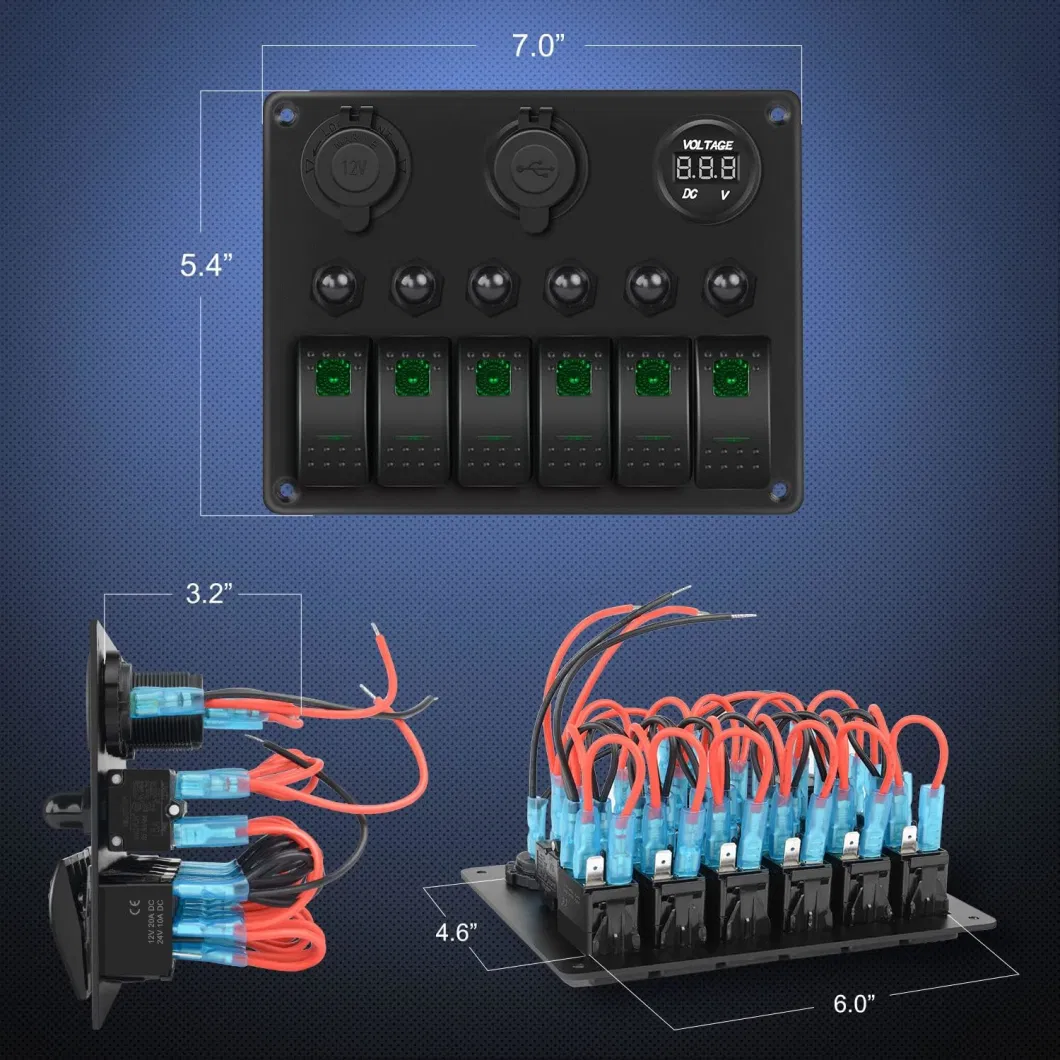 6 Gang on off Rocker Switch Panel Green Backlit 12V24V LED Digital Voltmeter Dual USB Charger Cigarette Lighter Socket Overload Protection Switch Panel for Cars