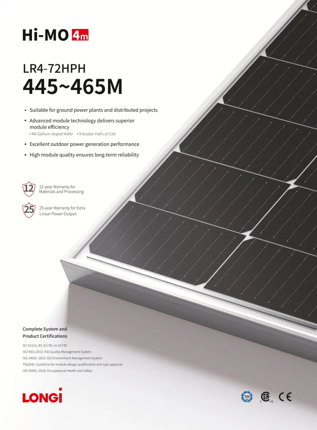 Longi Solar Panels 445W 450W 455W 460W with Good After-Sale Service