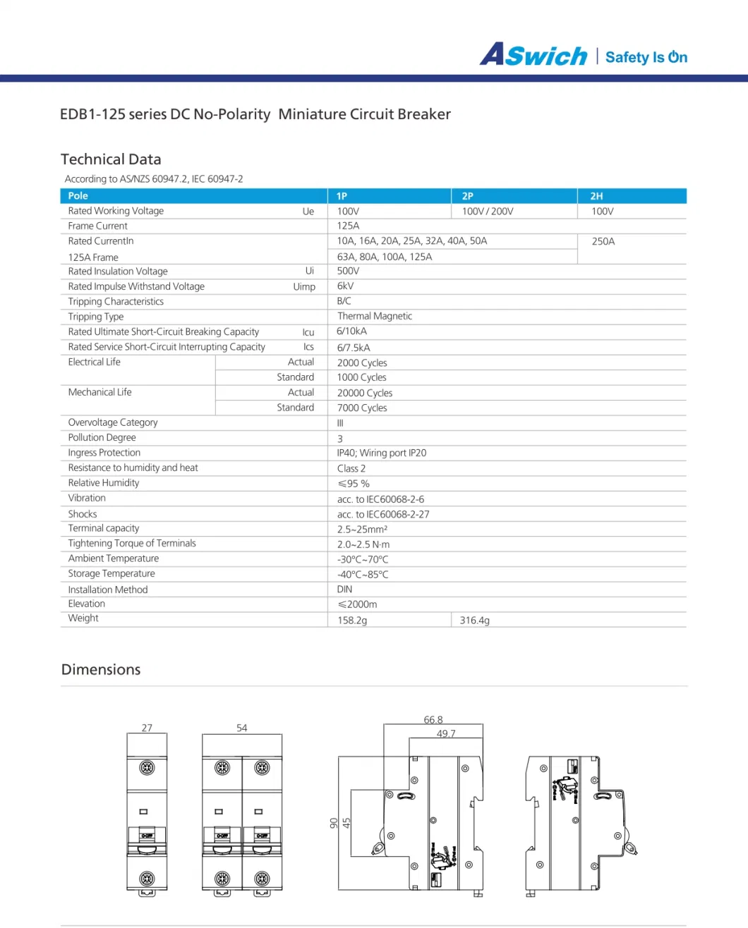 DC 600V 2p 16A 32A 63A 100A 125A C Curve IP20 DC Miniature Circuit Breaker for PV System