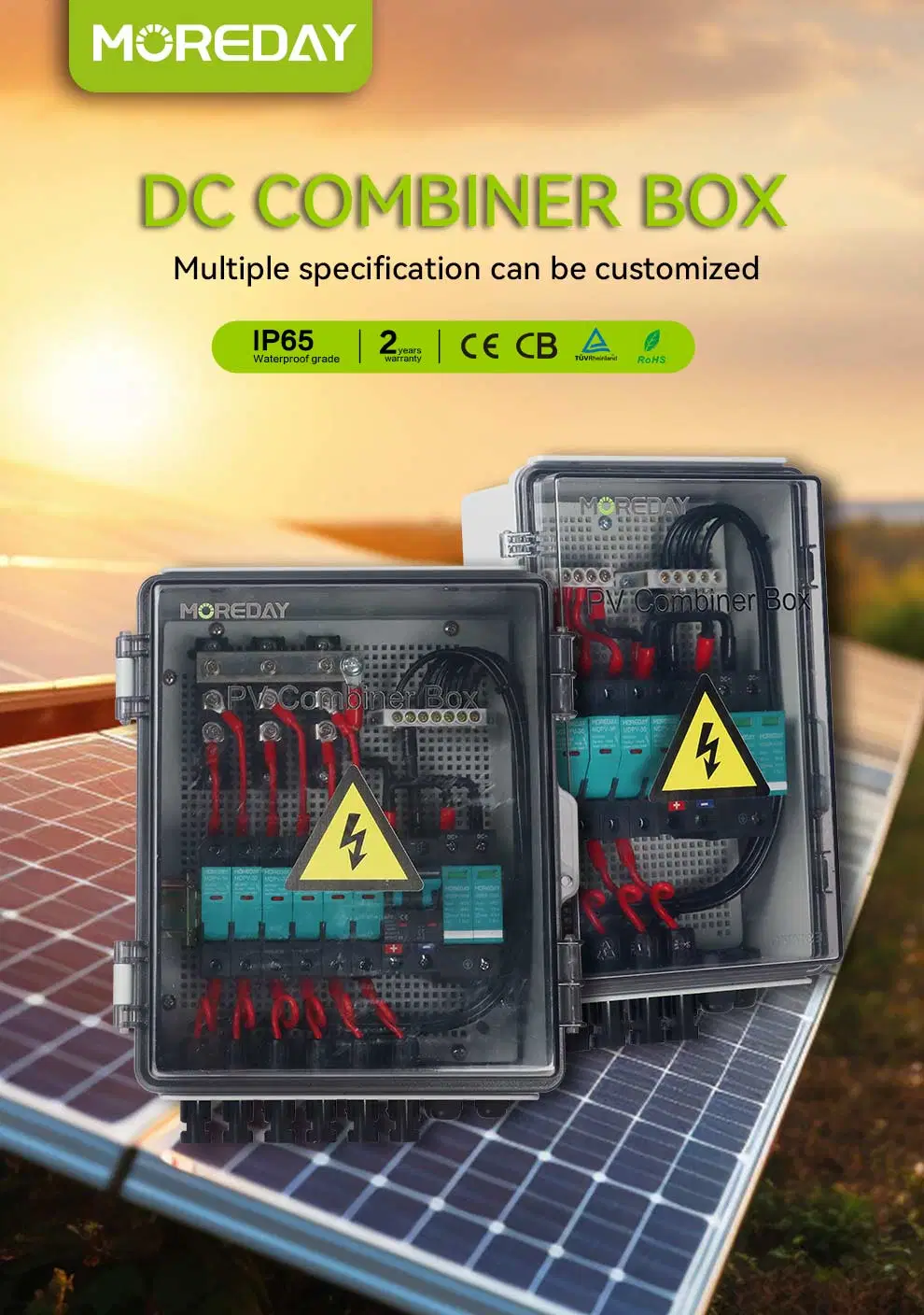 PV Combiner Box Combiner Box Solar Combiner Box with 6 String 15A Rated Current Fuse Surge Protective Device and 63A Air Circuit Breaker for on/off Grid Solar P