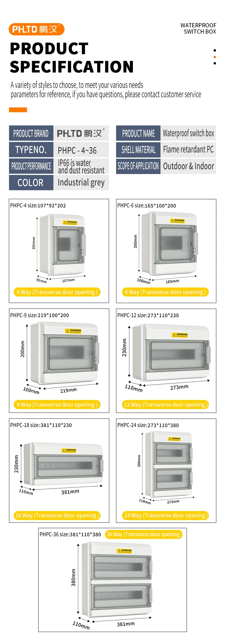 Phpc-36 Outdoor Waterproof IP65 PC Plastic MCB DC 36 Way Main Switch Box Electrical Distribution Box