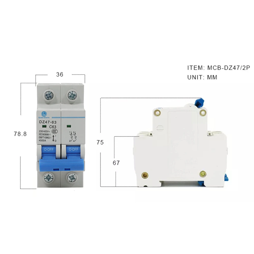 MCB Dz47 AC 230/400V 16A 20A 25A 32A 63A Electrical Circuit Breaker 1p/2p/3p/4p Miniature Circuit Breaker