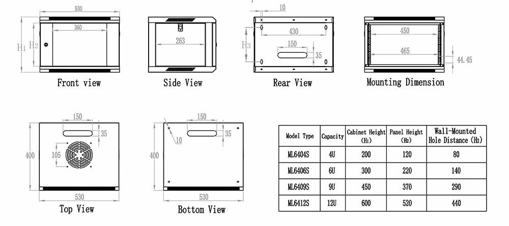 19 Inch Small Server Rack Wall Mount 350*600*450 in mm