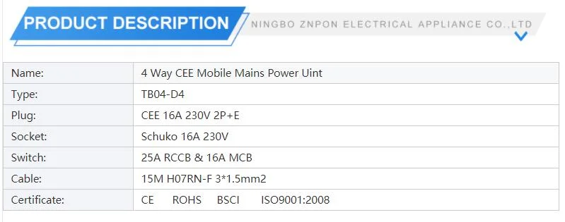 Camping Cee 4 Way Schuko Mobile Mains Power Unit with RCD&MCB