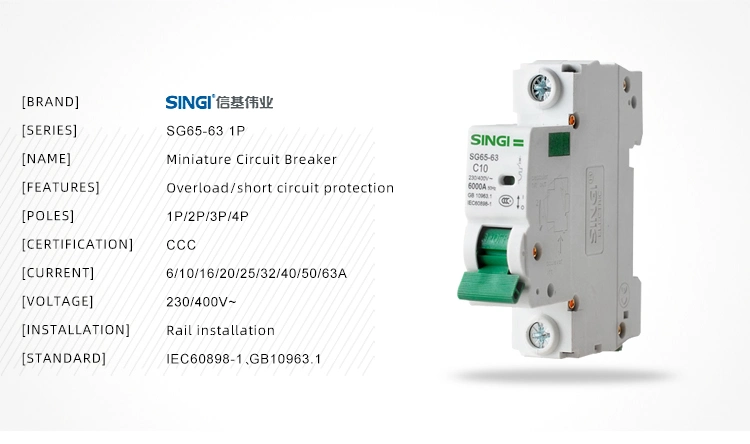 6A to 63A Singi MCB Low Voltage 6-63A Miniature Circuit Breaker Manufacture