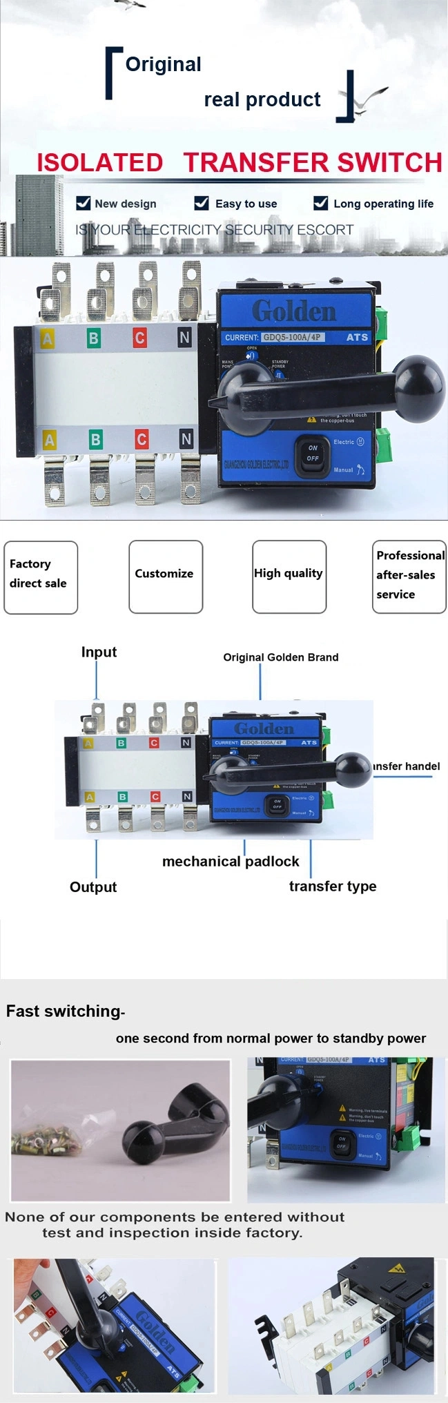 Factory Wholesale 4 Poles Automatic Transfer Switch 250A 1600A 2000A 2500A Electrical Changeover Switch ATS