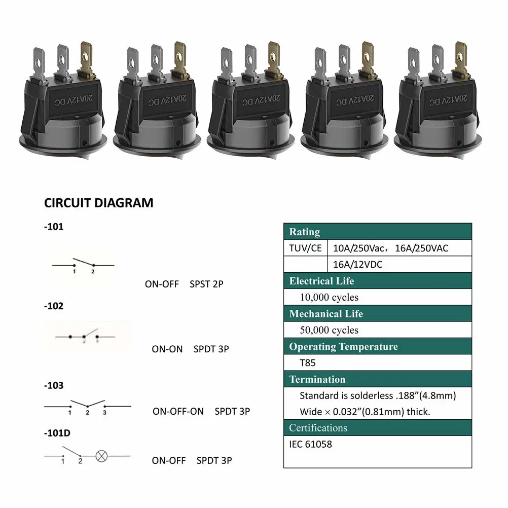 Car Switch 12V with LED Light, Mini Toggle Switch on/off DC 12V 20A Press Button Round Rocker Switch