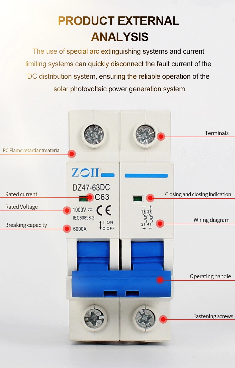 Zoii Electric Dz47-63 6ka MCB 2p DC Circuit Breaker Solar PV System Mini MCB 250V 500V 750V 1000V