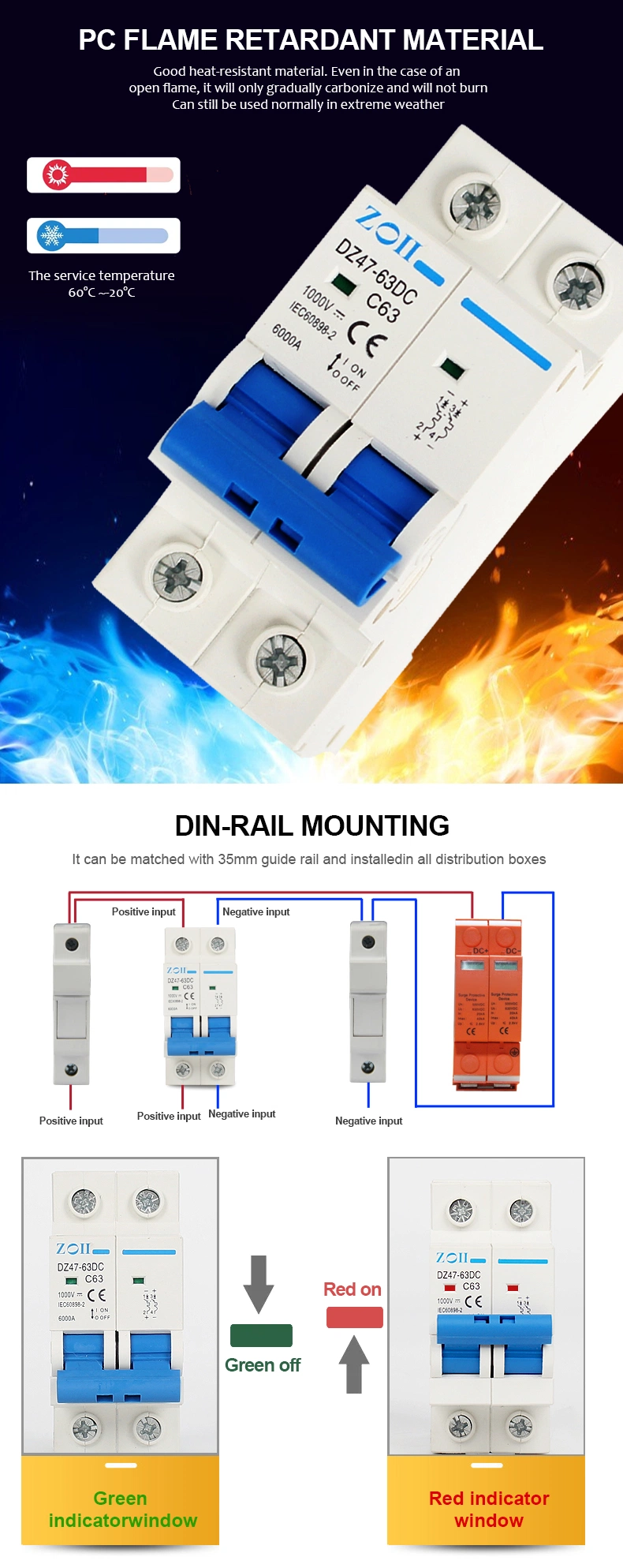 Zoii Electric Dz47-63 6ka MCB 2p DC Circuit Breaker Solar PV System Mini MCB 250V 500V 750V 1000V