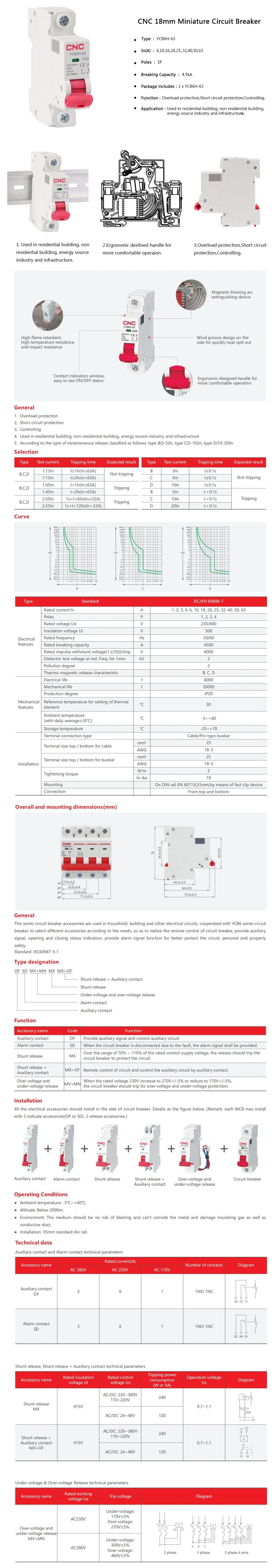 CNC Free Sample Dz47-63 AC Miniature Circuit Breaker 1p 2p 3p 4p 6A 16A 20A 40A 63A AC 230V 400V Electric MCB