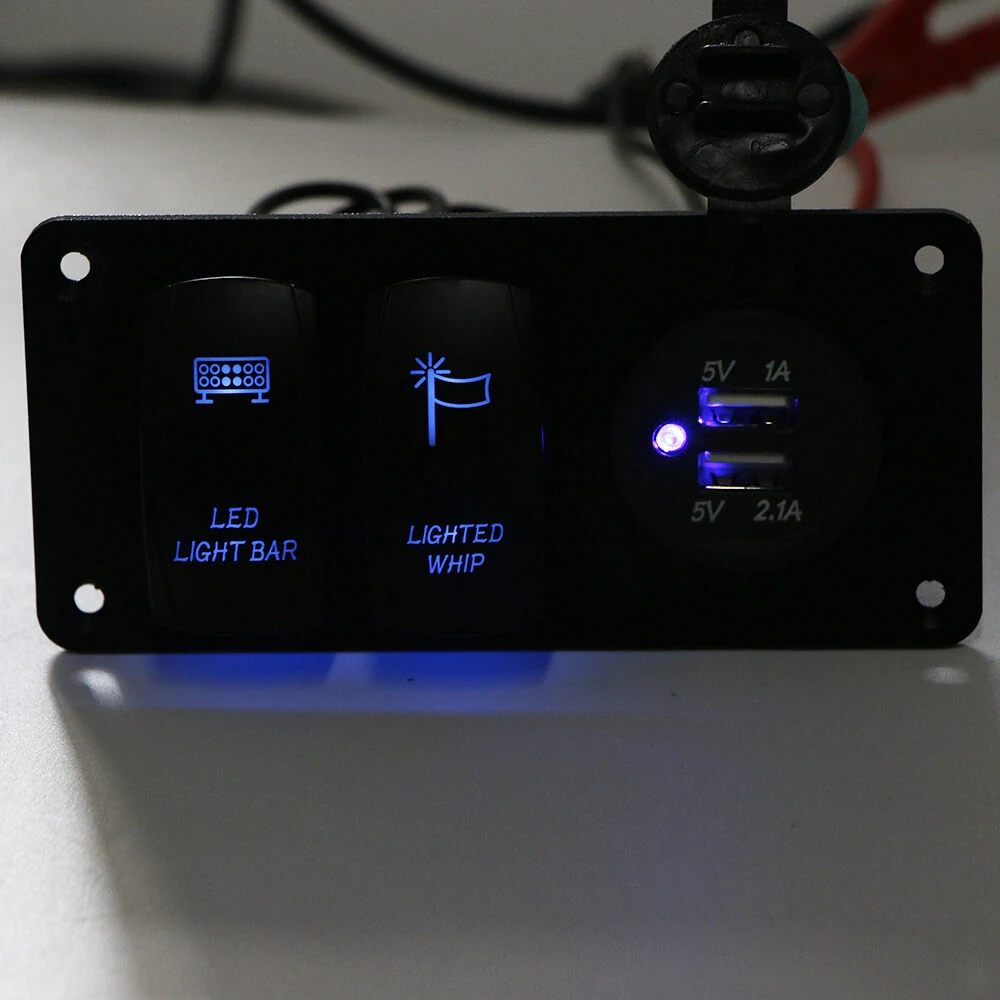 2 Gang Autos Boat Circuit Blue LED 2 USB Socket Rocker Switch Panel Breaker
