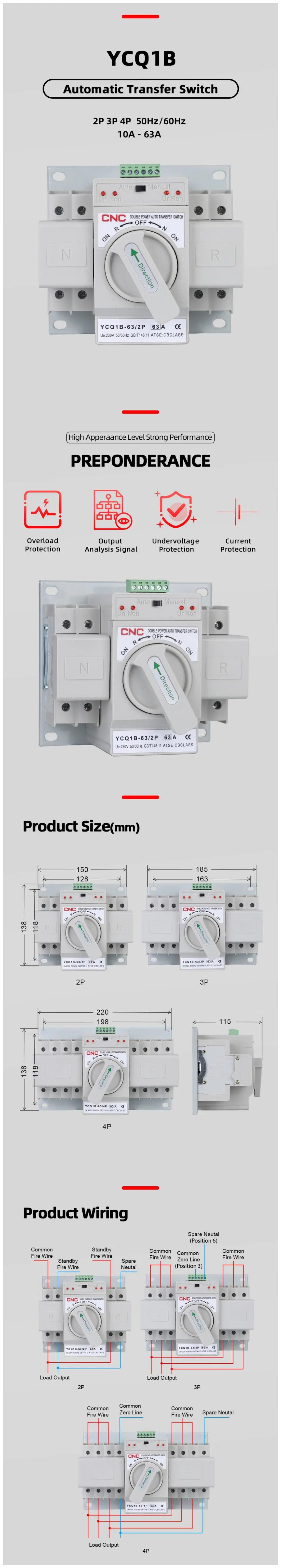 Ycq1b-63 2p Manual Automatic Dual-Use 220V 50Hz ATS Self Return Electric Automatic Transfer Switch