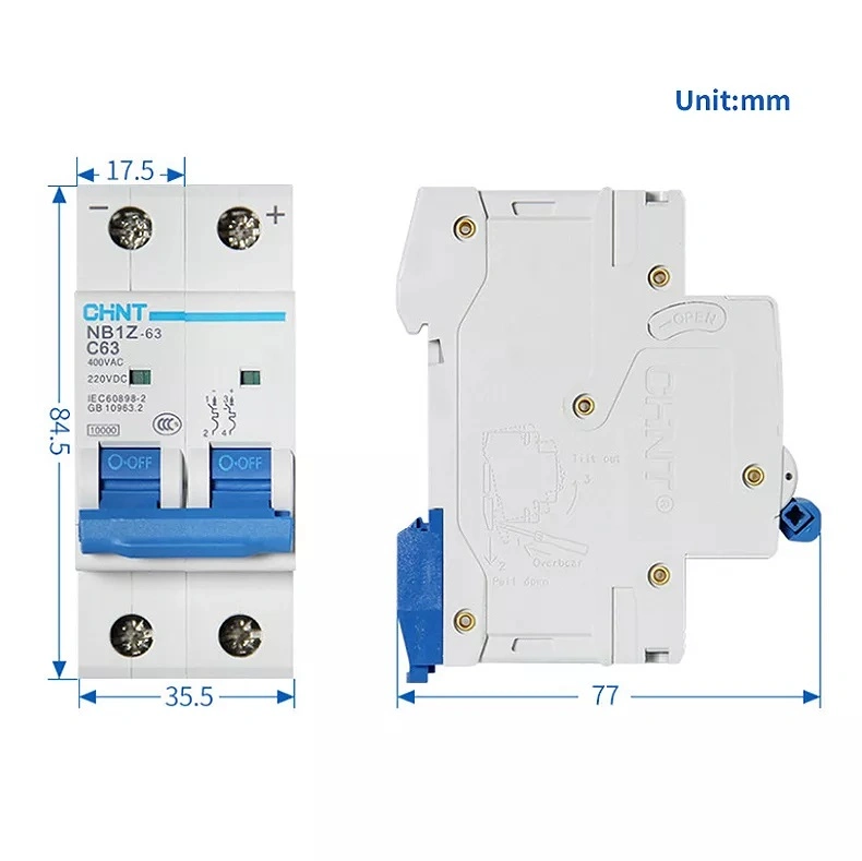 Chint Nb1z-63 AC DC MCB 6ka 10ka 1p 2p 1A 2A 3A 4A 6A 10A 16A 20A 25A 32A 40A 50A 63A 12V 24V 48V 60V 110V 220V Chnt DC Mini Circuit Breaker