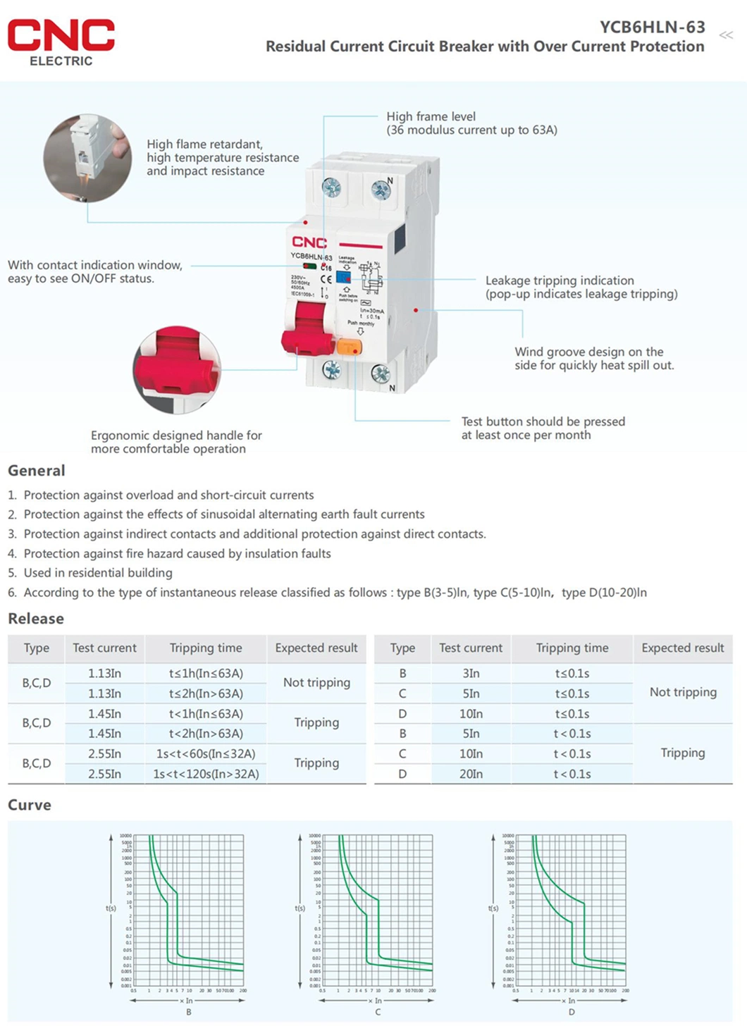 CNC Professional Miniature Circuit Breaker Manufacturer Ycb6hln 1 Pole 1-63 AMP MCB RCCB/RCBO/ELCB/MCB