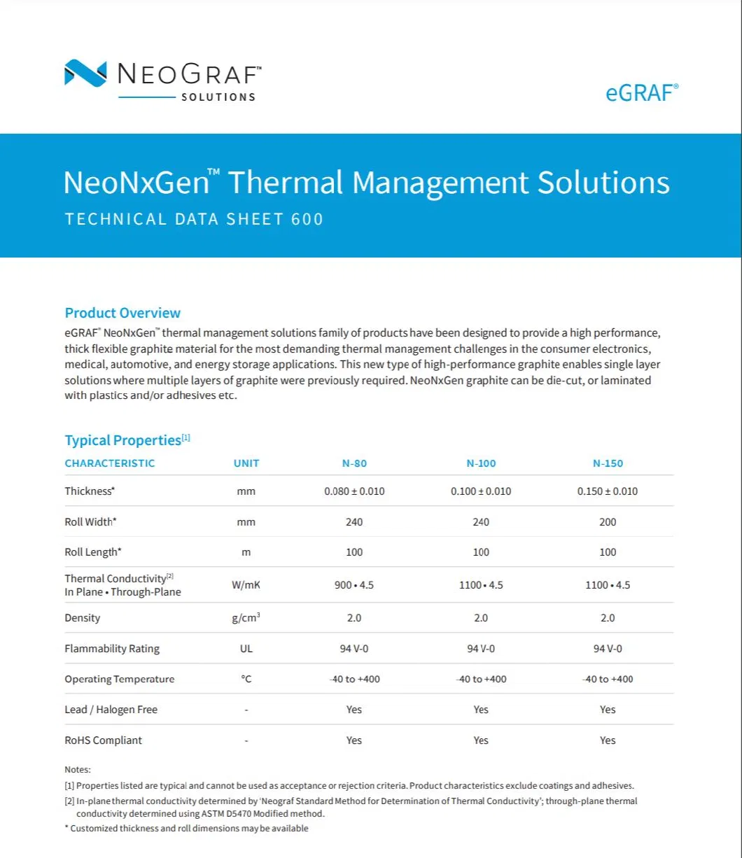 Egraf Neonxgen Thermal Management Solutions N Series Single-Layer Graphite Sheet for The Consumer Electronics Medical Automotive and Energy Storage Applications