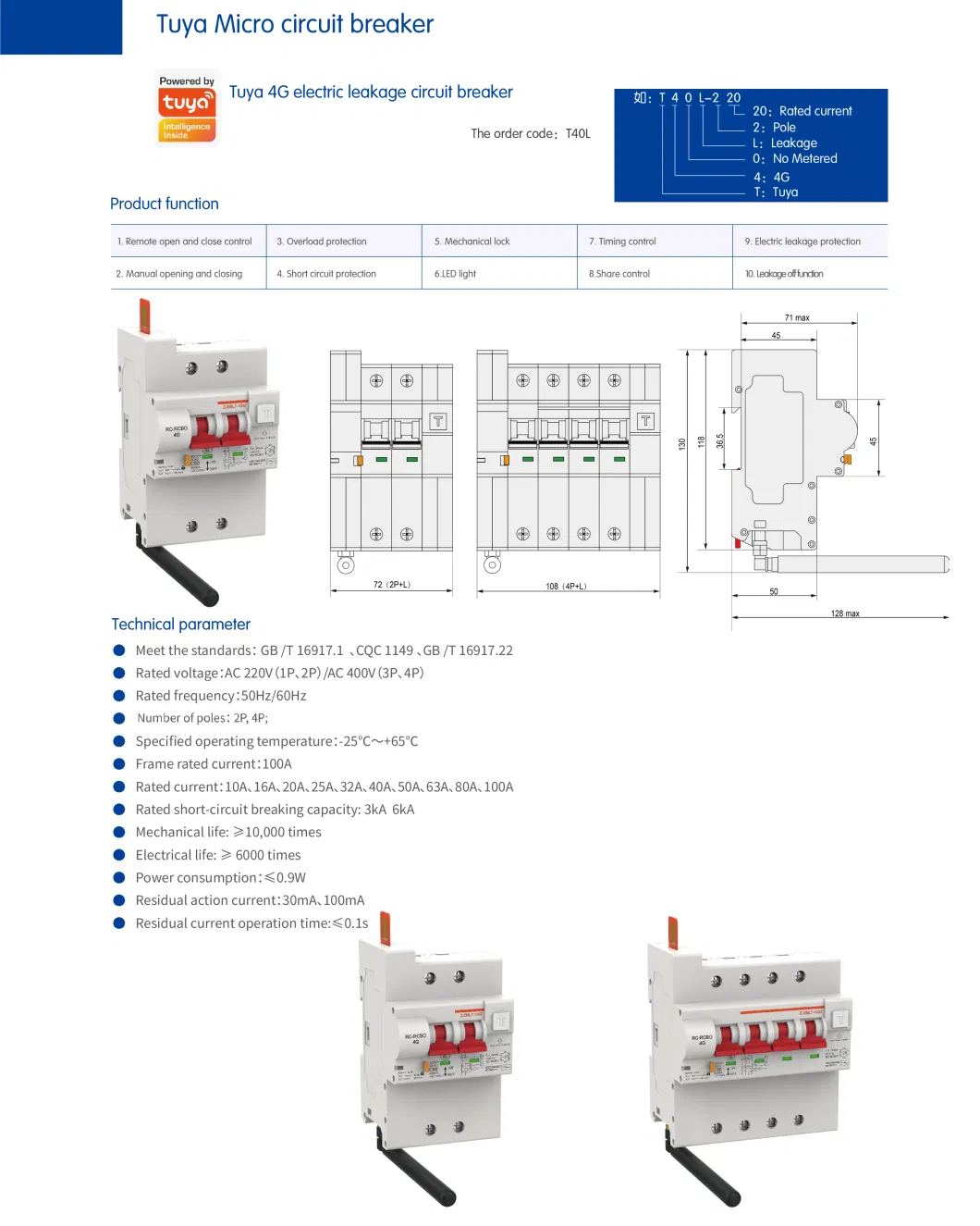 Zjsbl7-100z Tuya/WiFi/Zigbee 4G Electric Leakage Circuit Breaker, Tuya/WiFi/Zigbee 4G SIM Card ELCB, Tuya/WiFi/Zigbee Remote Control 4G 2p 4p RCBO