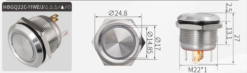 Stainless Pin 1no IP67 Mini Flat Round Head Button Micro Switches 22mm