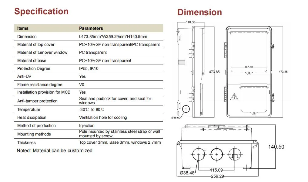 Hinge Type Three Phase Meter Enclosure with MCB Window