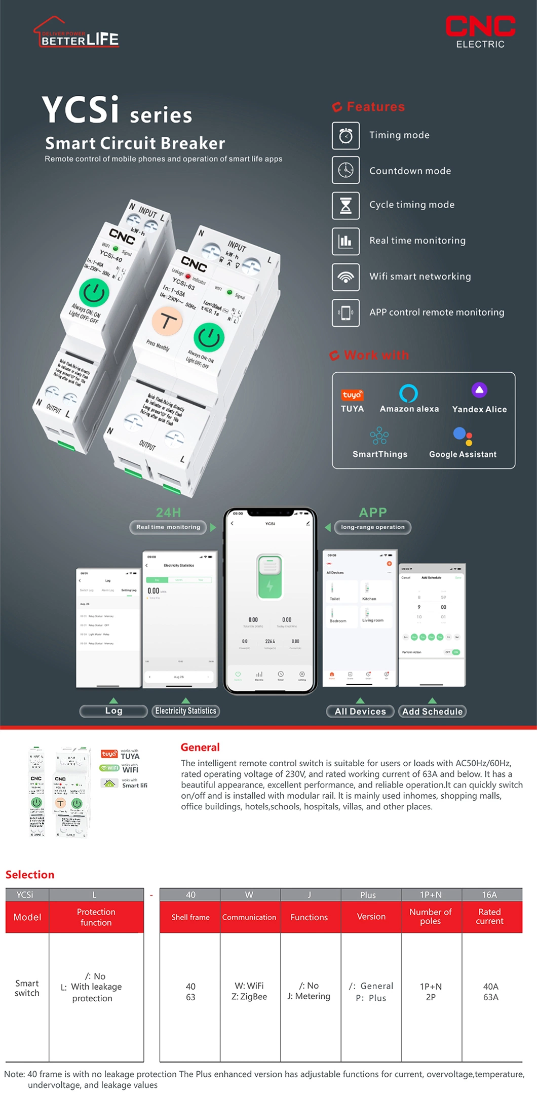 Ycsi AC 230V 40A/63A 2p Zigbee/Tuya Intelligent Remote Control WiFi Smart MCB Switch Circuit Breaker with RS485 Communication