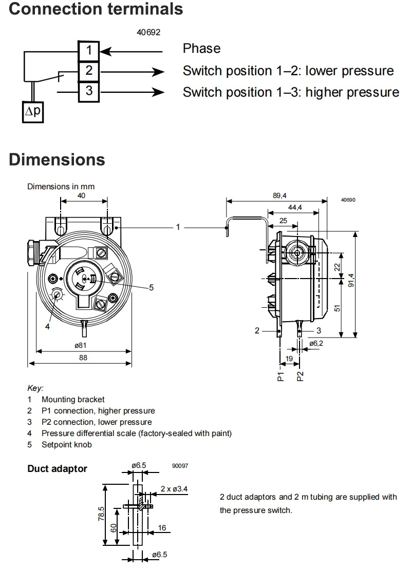 Siemens Differential Pressure Switch Qbm81-3 for Ventilation and Air Conditioning System