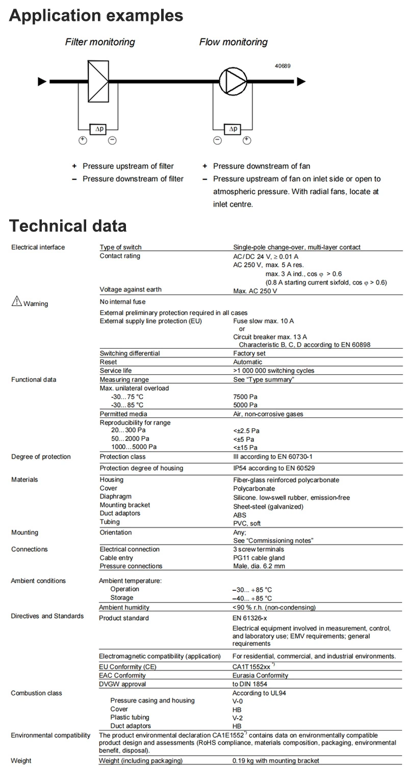 Siemens Differential Pressure Switch Qbm81-3 for Ventilation and Air Conditioning System