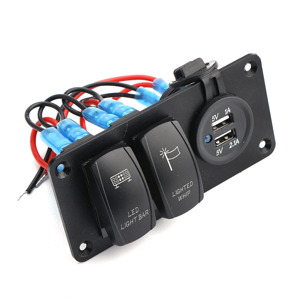 2 Gang Autos Boat Circuit Blue LED 2 USB Socket Rocker Switch Panel Breaker