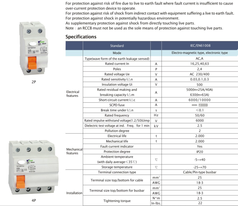 Ez Easy9 Electronic Type 2pole 30mA 6ka RCD/ELCB