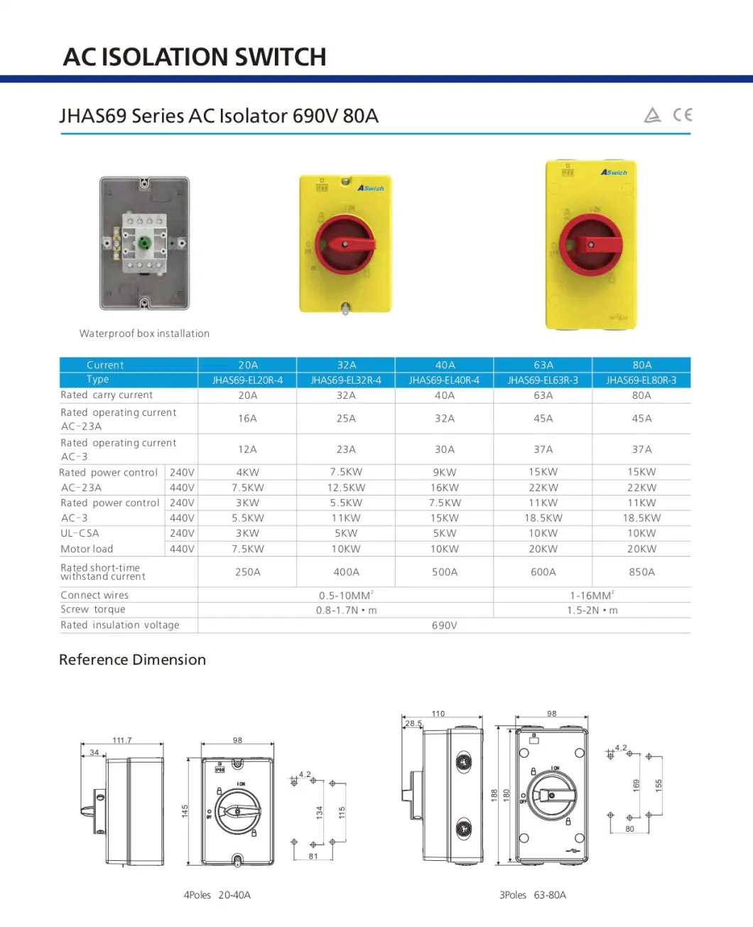Aswich Yellow Box IP66 Waterproof Rotary Safe Disconnection AC Isolator Isolation Switchgear