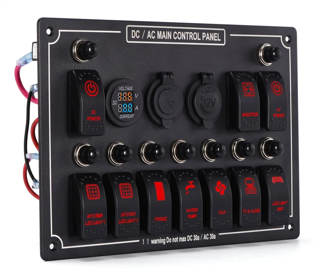 10 Gang AC/DC Marine Rocker Switch Panel with Fuse Dual USB Charger Socket LED Voltmeter + Power Socket Breaker for RV Car Boat Truck