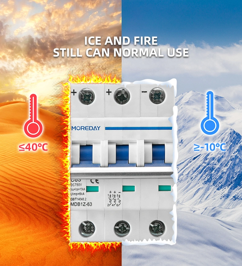 Moreday Non Polarized DC Mini Circuit Breaker MCB 63 AMP Solar Circuit Breakers DC MCB 3 Pole Busbar with CE CB TUV Certificate