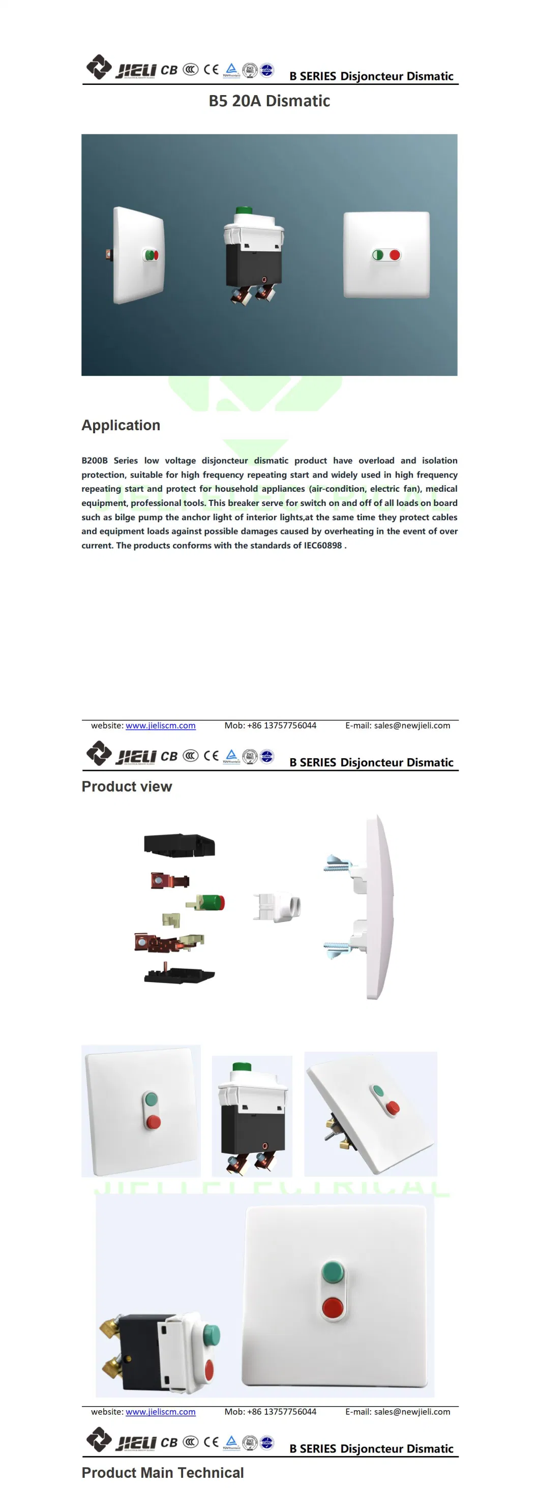 Jieli Scm 200b Colourful Diruptor Type Main Switch Circuit Breaker 20A