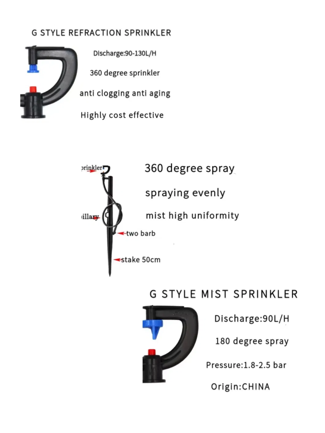 Greenhouse G Microsprinkler with Barbed Connector Agriculture Micro Irrigation Middle Distance Sprinkler Lawn Watering