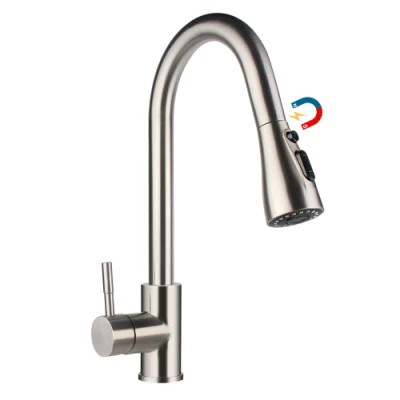  Magnético Cupc saque de arco alto niquel cepillado grifo de cocina, tire hacia abajo 3-Función de la pulverizadora con modo Aquablade