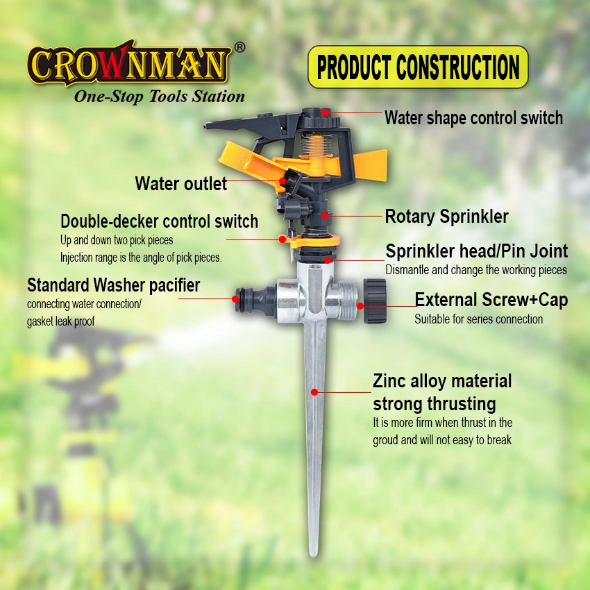 Crownman Garden Tools, Impulse Sprinkler with Zinc Alloy Spike