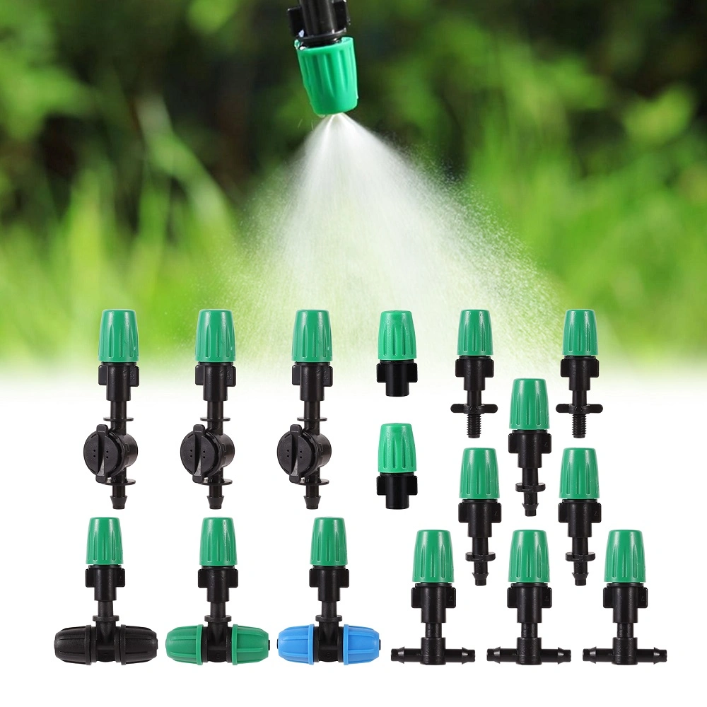 Adjustable Misting Nozzle Sprinkler with Locked Tee Barbed Mini Valve Connector Irrigation Cooling Fog Sprayer Nozzle