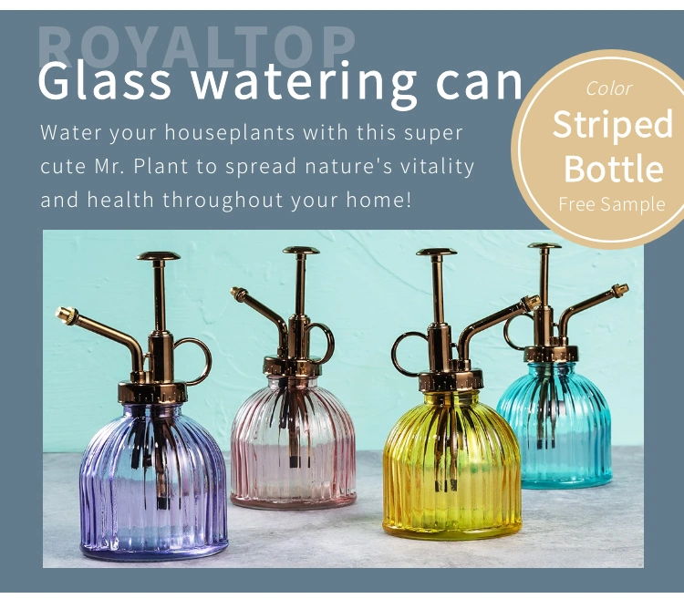 One Hand Glass Watering Can for Indoor Glass Spray Bottle 6in Vintage Stripe Glass Plant Mister with Bronze Plastic Top Pump