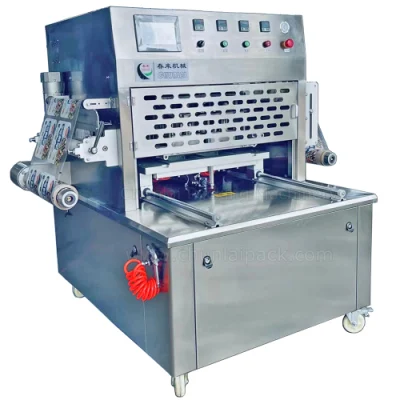 Aquatic Products Pork Shrimp Fish Salmon Sausage Poultry Beef Cooked Food Container Sealing Vertical Type Tray Vacuum Skin Packing Machine