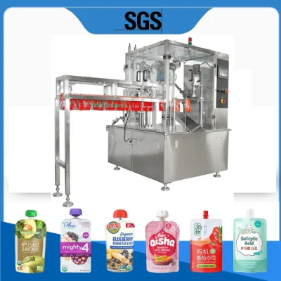  Automatic Premade Soap Detergent Sauce Ketchup Liquid Juice Doypack Spout Pouch Plastic Bag Rotary Sealing Filling Capping Packing Packaging Machine
