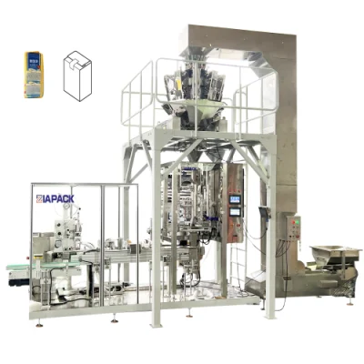 Automatic Brick Type Flat Bottom Bag Forming Filling and Top Sticker Packaging Packing Machine for Rice/Beans/Sugar/Salt/Pasta/Seeds