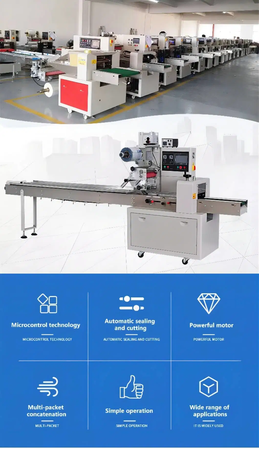 PLC Control Date Ball Protein Bar Automatic Horizontal Wrapper Pillow Packing Machine Cookie Cake Flow Wrapping Machine