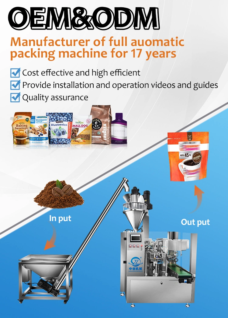 Custom Automatic Rotary Doypack Premade Stand up Spout Pouch Zipper Bag Medicine Curry Multani Mitti Powder Packing Machine