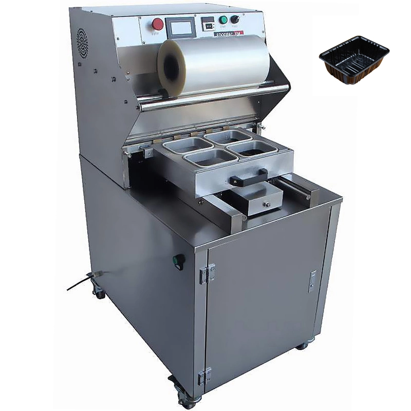 Aquatic Products Pork Shrimp Fish Salmon Sausage Poultry Beef Cooked Food Container Sealing Vertical Type Tray Vacuum Skin Packing Machine