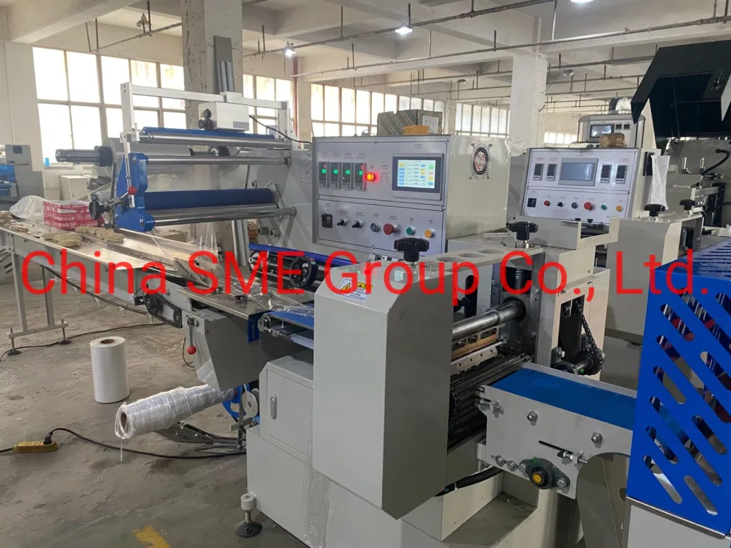 Automatic Horizontal Biscuits Bread Burgers Buns Cake Wafer Food Wrapping Packaging Packing Line Machine with Inner Container and Products Feeding