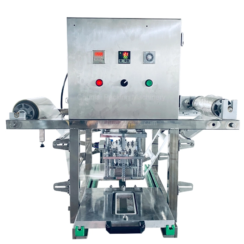 Aquatic Products Pork Shrimp Fish Salmon Sausage Poultry Beef Cooked Food Container Sealing Vertical Type Tray Vacuum Skin Packing Machine