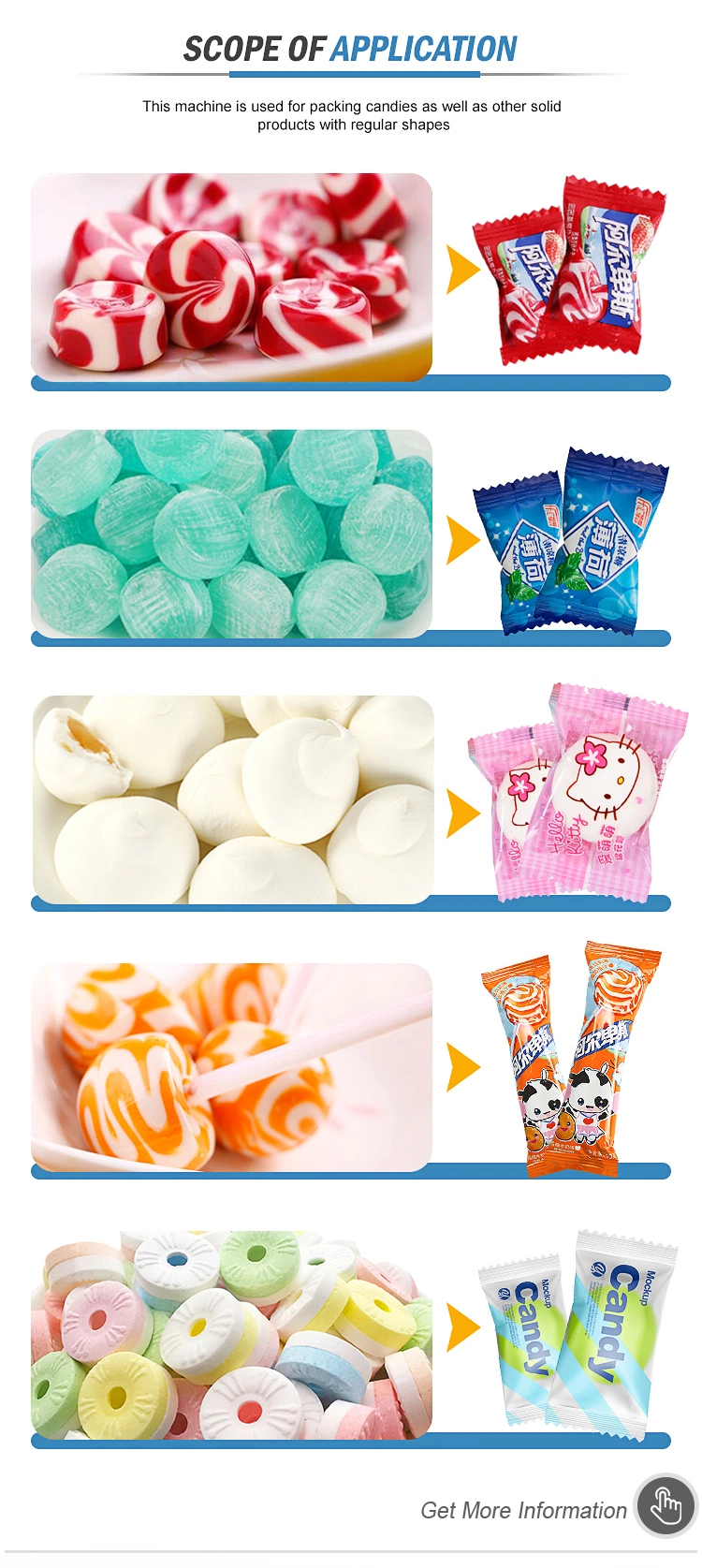 Custom Automatic Pillow Toffee Individual Tamarind Ball Lollipopsweets Peanut Packaging Chocolate Soft Gummy Bear Cotton Filling Hardcandy Packing Machine
