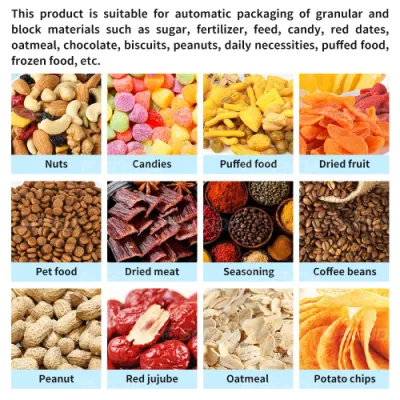 VFFS combinación de asustar partículas verticales / cacahuetes / frijoles / comida para mascotas / avena / patatas fritas máquina de embalaje de aperitivos